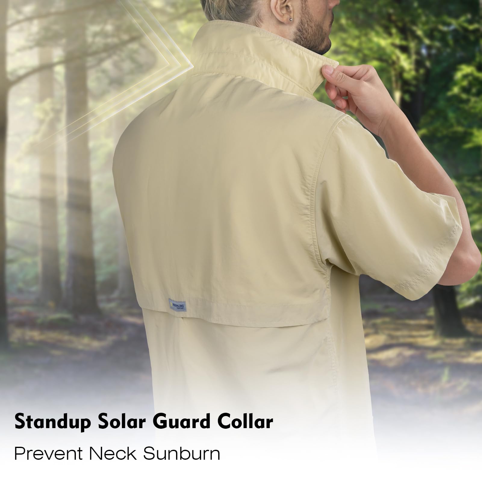 alt="Back view of Trudave AquaShield Series men’s lightweight quick-dry fishing shirt in beige showing Standup Solar Guard Collar that provides UPF sun protection and prevents neck sunburn during outdoor fishing"